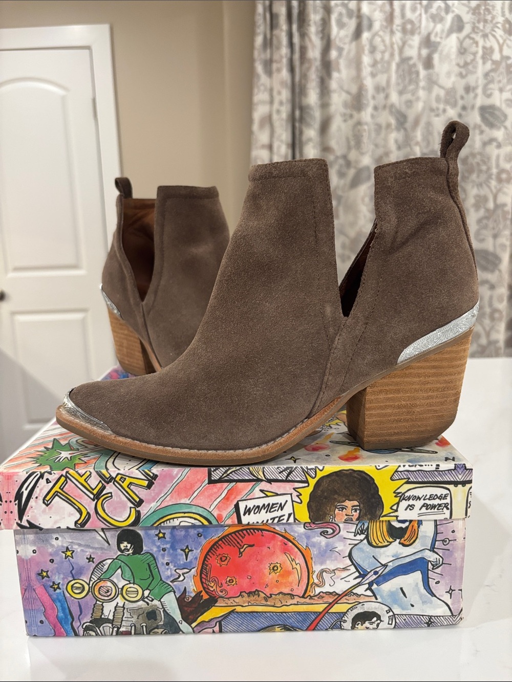 Jeffrey Campbell Brown Suede Ankle Booties with Silver Trim